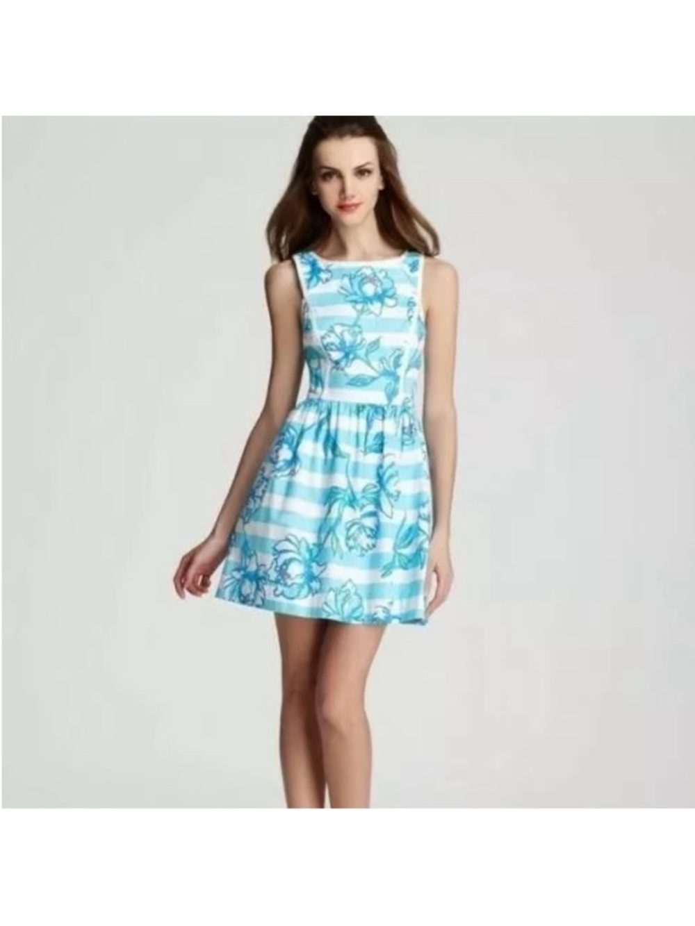 Lilly Pulitzer Aqua & White Floral Stripe Sleeveless Mini Dress